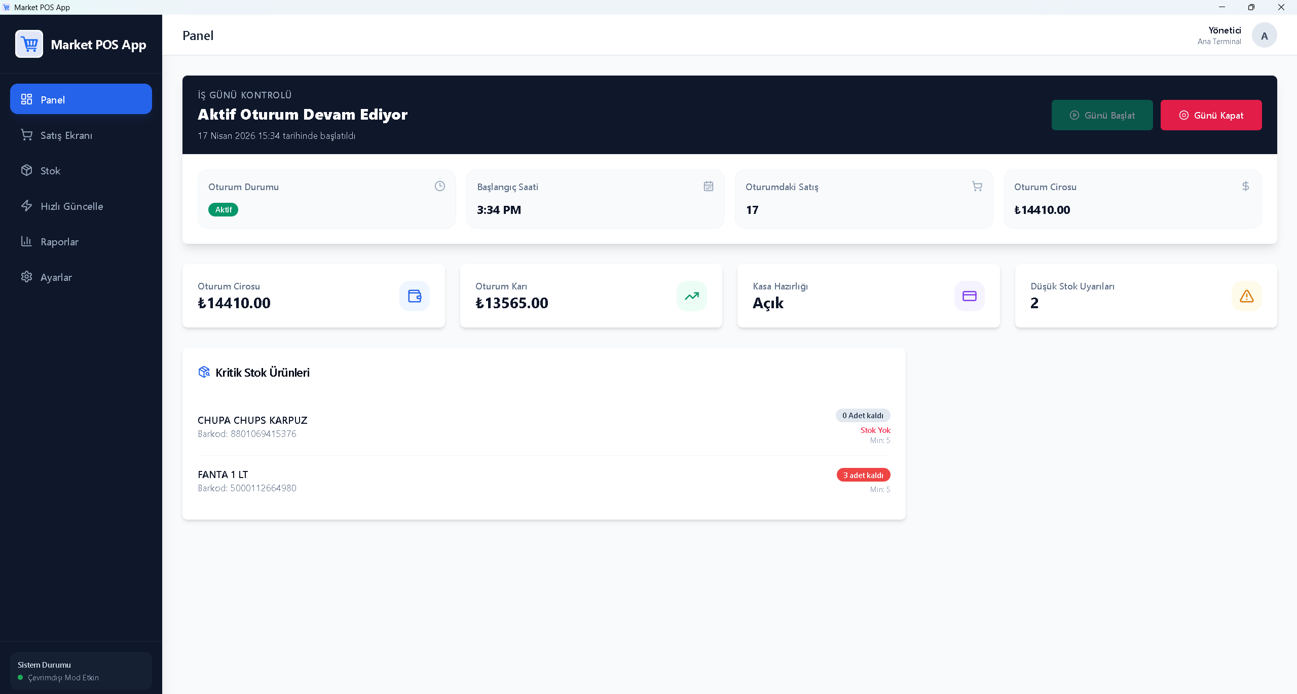 MarketPOS panel ekranı